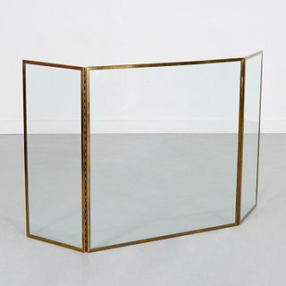 Modernist brass, glass folding fire screen