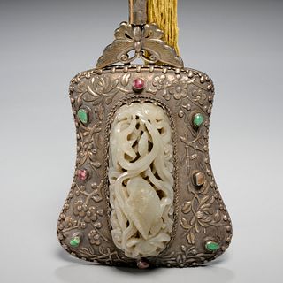 Chinese jade-mounted silver hand mirror