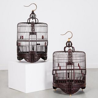 Pair Chinese traveling bamboo birdcages