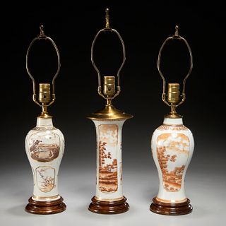 Chinese Export, (3) porcelain vase lamps