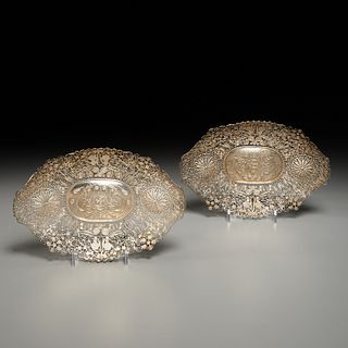Pair Chinese Export silver filigree trays