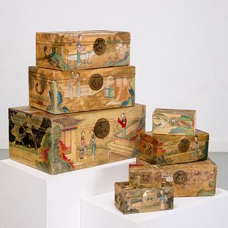 (8) Chinese paint decorated pigskin nesting boxes