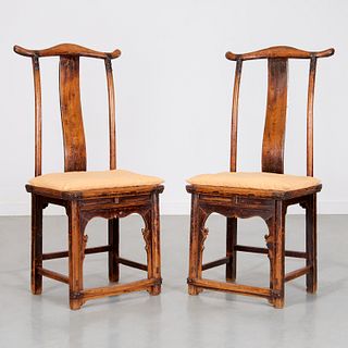 Pair antique Chinese iron-mounted yoke back chairs