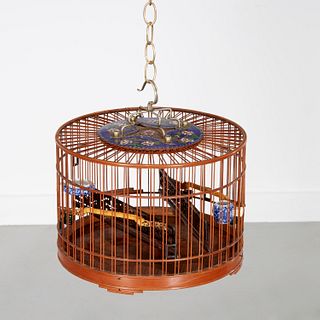 Chinese bamboo and cloisonne birdcage