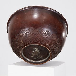 Massive Asian patinated bronze bowl