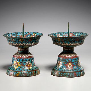 Pair antique Chinese cloisonne candlesticks