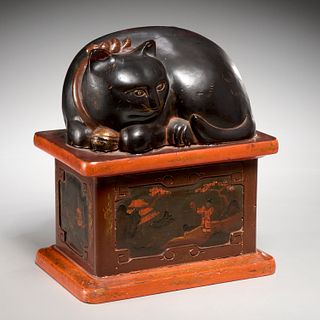 Antique Japanese carved and lacquered wood cat