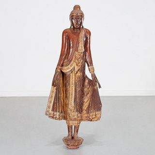 Burmese gilt and red-lacquered standing Buddha