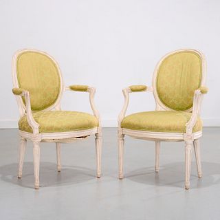 Pair painted fauteuils supplied by Mario Buatta