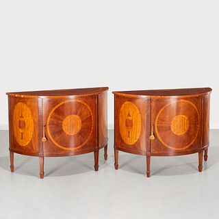 Pair George III style inlaid demilune commodes