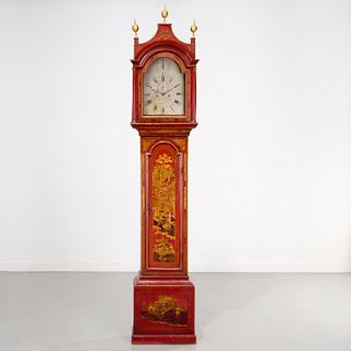 Red japanned tall clock supplied by Mario Buatta