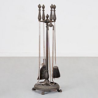 Fine set Victorian bronze fire tools & stand