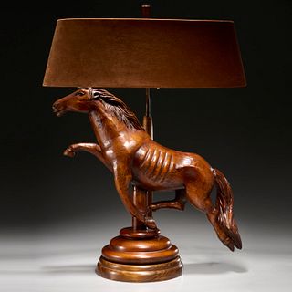 Large American Folk carved walnut horse lamp