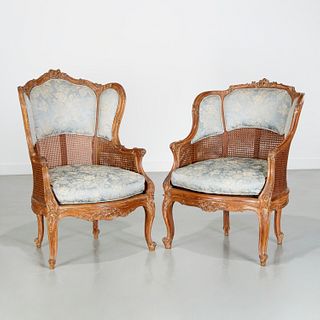 (2) antique Louis XV style caned beech bergeres