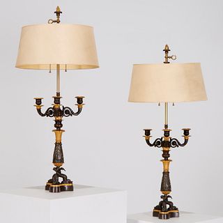 Pair Charles X parcel gilt bronze candelabra lamps
