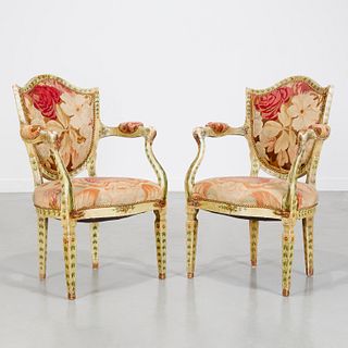 Pair Continental Neoclassic tapestry fauteuils