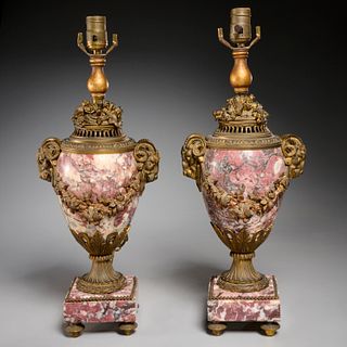 Pair Louis XVI style bronze, marble urn lamps