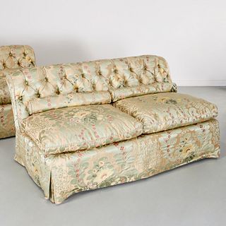 Pair Custom silk damask two-seat armless sofas