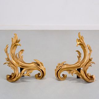 Pair large Louis XV style gilt bronze chenets
