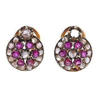 Antique 18k Gold Rose Cut Diamond Ruby Earrings