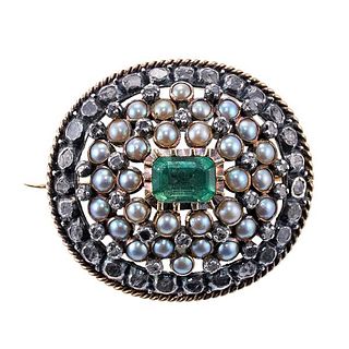 Antique 18k Gold Silver Diamond Pearl Emerald Brooch Pin