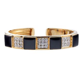 1980s 14k Gold Diamond Onyx Cuff Bracelet