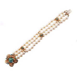 14k Gold Diamond Turquoise Pearl Bracelet