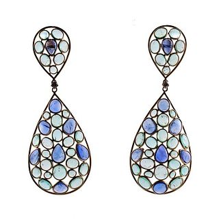 18k Gold Diamond Sapphire Emerald Drop Earrings