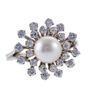 Midcentury 14k Gold Diamond Pearl Ring