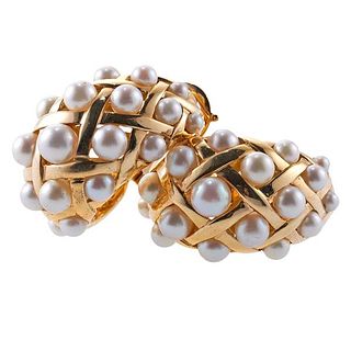 Chanel 18k Gold Pearl Hoop Earrings