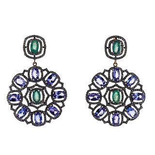 Silver Gold Diamond Emerald Tanzanite Cocktail Earrings