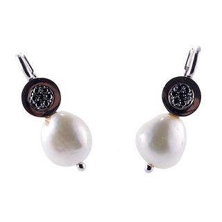 18k Gold Black Diamond Baroque Pearl Earrings