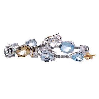 14k Gold Silver Inside Out Diamond Aquamarine Hoop Earrings