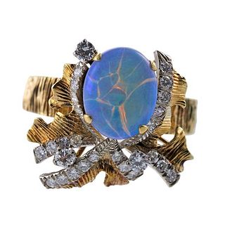 1970s 14k Gold Diamond Opal Ring