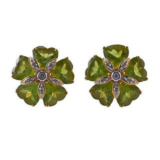 18k Gold Peridot Diamond Flower Earrings