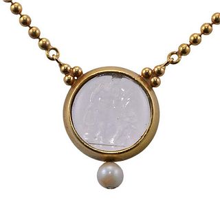18k Gold Pearl Crystal Intaglio Pendant Necklace