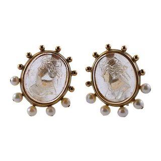 18k Gold Crystal Cameo Pearl Earrings