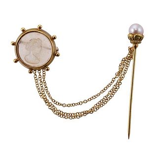 18k Gold Crystal Cameo Pearl Stick Pin Brooch