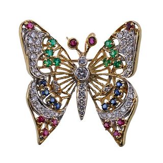 14k Gold Diamond Ruby Sapphire Emerald Butterfly Brooch Pendant