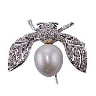 18k Gold Diamond Pearl Insect Brooch Pin