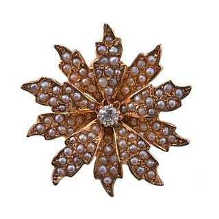 Antique 14k Gold Diamond Seed Pearl Brooch Pendant