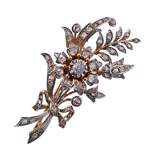 Mid Century 18k Gold Platinum Diamond Flower Brooch