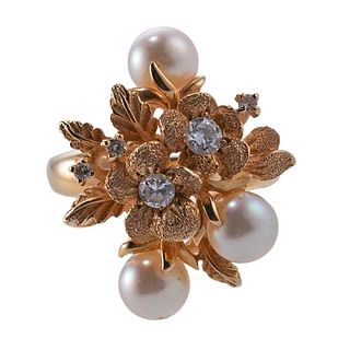 14k Gold Diamond Pearl Flower Ring