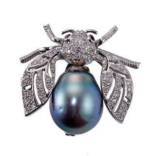 18k Gold Diamond Sapphire Baroque Pearl Insect Brooch Pin
