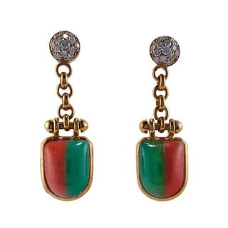 Vasari 18k Gold Diamond Coral Green Carnelian Earrings