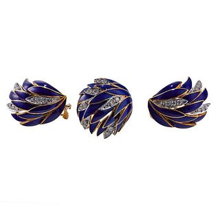 18k Gold Diamond Enamel Ring Earrings Set