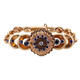 1960s 14k Gold Diamond Sapphire Bracelet Ladies Watch 