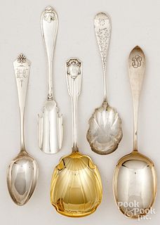 Five sterling and coin silver serving utensils