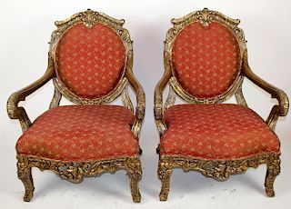 Pair of Louis XV style balloon back armchairs