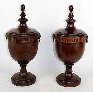 Pair of turned wood urn form lidded vases